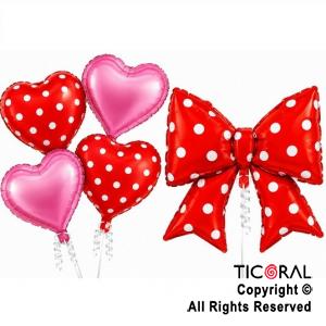 SET DE GLOBOS METALIZADO MO�O ROJO CON LUNARES Y CORAZONES 5 UNIDADES